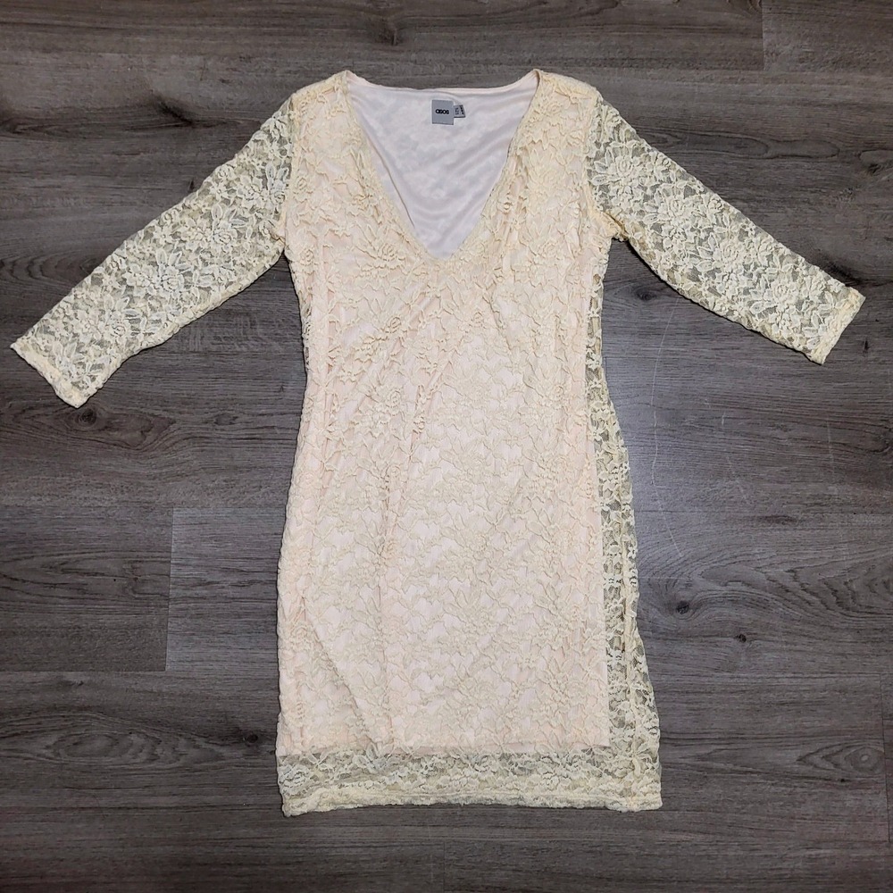 ASOS Lace Sheath Dress Cream V Neck Long Sleeve Romantic Fairy Women's Size 10